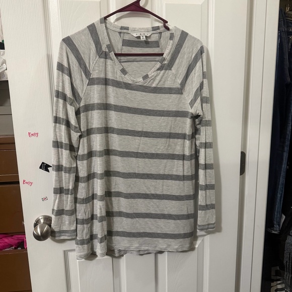 CAbi Tops - CAbi Gray Striped Long Sleeve Top Small | V-Neck Soft Rayon Stretch Casual Tee